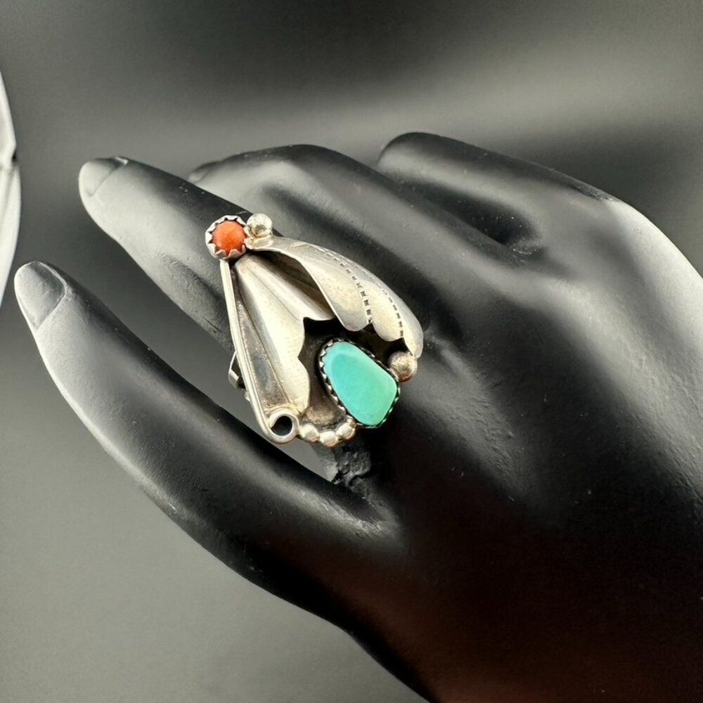 Unique Vintage Native American Turquoise & Coral Sterling Silver Ring Size 6 - Picture 2 of 8